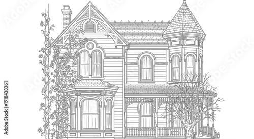 Detailed line art illustration of a classic Victorian house with intricate architecture, a prominent turret, and ornate gables.