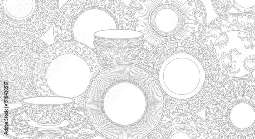 Elegant outline dinnerware set with intricate floral patterns, coloring page style for decorative backgrounds and creative design projects
