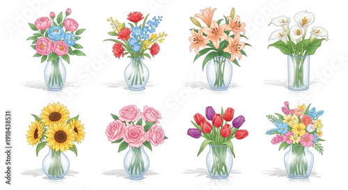 Floral bouquet collection with roses lilies sunflowers and tulips in glass vases vector illustration set isolated on white