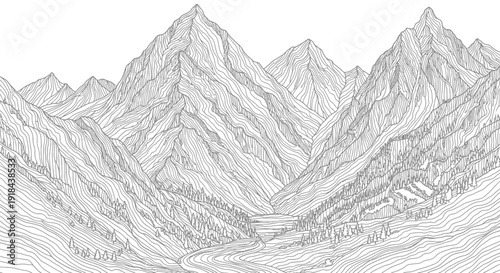 Intricate Hand-Drawn Mountain Range Line Art Illustration with Majestic Peaks and Deep Valleys. Monochrome Nature Landscape.