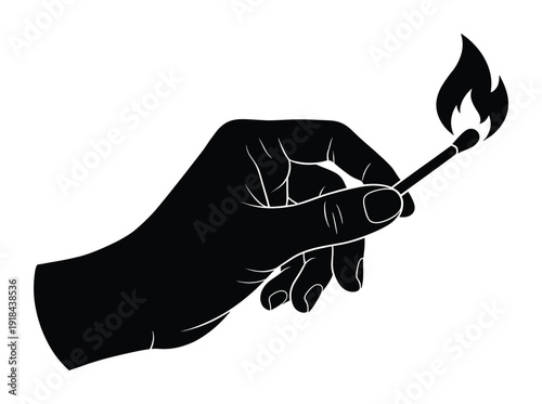 Burning match vector illustration hand holding lit matchstick flat design concept