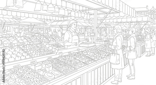 Outline drawing for a coloring book: bustling outdoor market scene with vendors, customers, and fresh produce stalls.