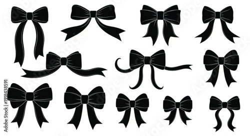 Black ribbon bow silhouette vector set with various decorative knots and ties isolated on white background