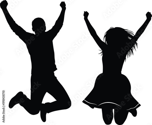 Black silhouette vector illustration of joyful man and woman jumping with raised arms isolated on white background artwork