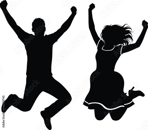 Black silhouette vector illustration of happy man and woman jumping with raised arms isolated on white background design