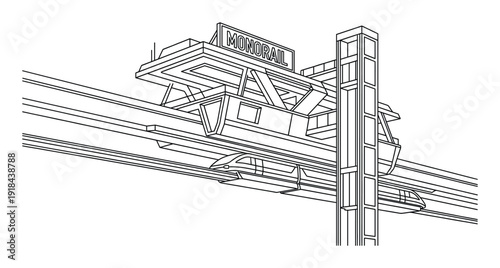 Futuristic elevated monorail train station for modern public transport system design