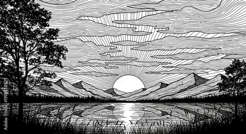 Black and White Line Art Illustration: Majestic Sunrise over Mountain Lake with Reflecting Water and Stylized Clouds