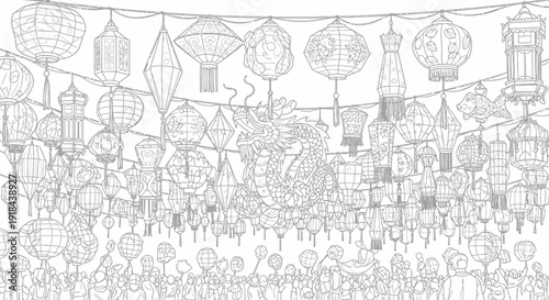 Intricate line art illustration of traditional Asian lanterns and a majestic dragon, ideal for coloring books and cultural designs.