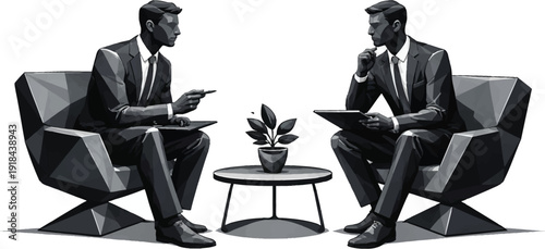 Two businessmen in suits sitting in modern geometric chairs, engaged in a discussion with one holding a pen and the other a tablet, separated by a small table with a potted plant