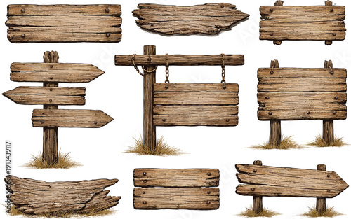 Rustic wooden sign boards and planks vector collection. Includes 9 distinct elements like arrow signs, hanging signs, and blank boards. Created with a detailed wood grain texture and a natural