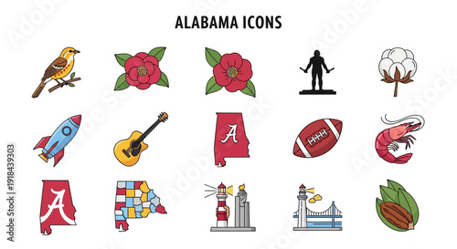 A comprehensive set of colorful vector illustrations depicting distinct regional symbols, cultural elements, and famous landmarks from a southern American state