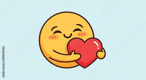 A smiling yellow emoji holding a red heart with a blushing face.
