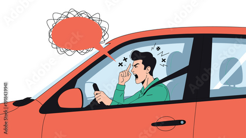 Extremely agitated man driving a red car, intensely shouting with an angry expression, symbolizing road rage and frustration on the road.