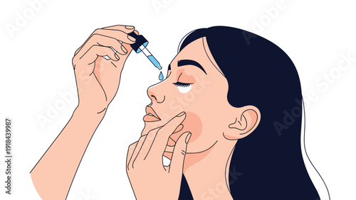 Young woman meticulously applying a serum or facial oil to her face with a dropper, engaging in her daily skincare and beauty routine.