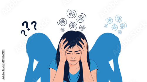 Distressed woman suffering from a severe headache or mental distress, holding her head amidst swirling thoughts and confusion.