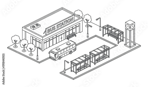 Isometric bus station terminal building with bus stop and city for urban transport