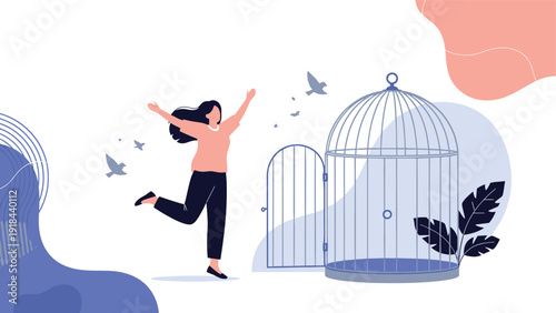 Joyful woman triumphantly running out of an open birdcage with birds flying, symbolizing freedom, liberation, and new opportunities.