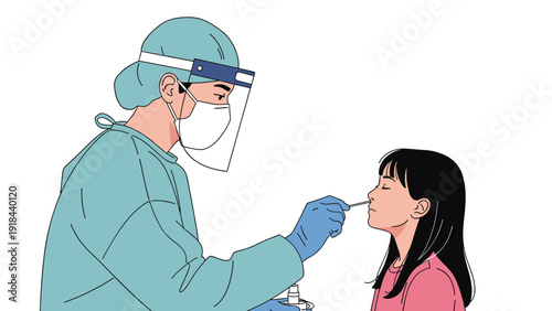 Medical professional in full personal protective equipment performing a nasal swab test on a young girl, ensuring safety during examination.