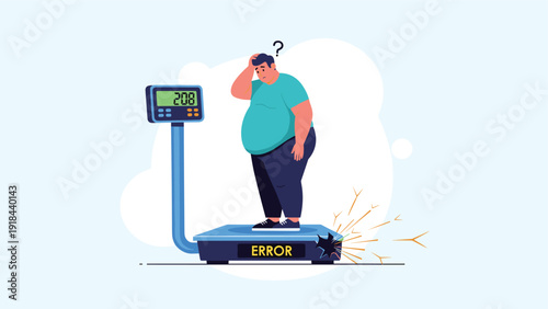Overweight man standing on a broken digital scale displaying an "ERROR" message and a high weight, symbolizing significant weight problems.