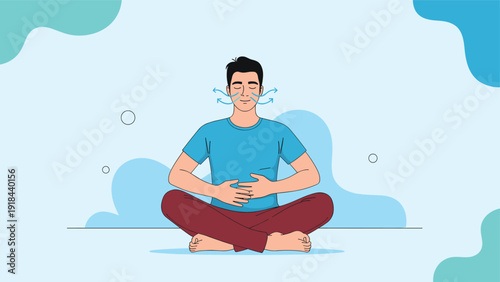 Calm man meditating in the lotus position, demonstrating deep breathing techniques, symbolizing mindfulness, relaxation, and stress relief.