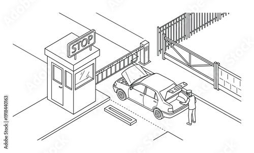 Isometric checkpoint with stop sign gate security and car inspection for controlled access