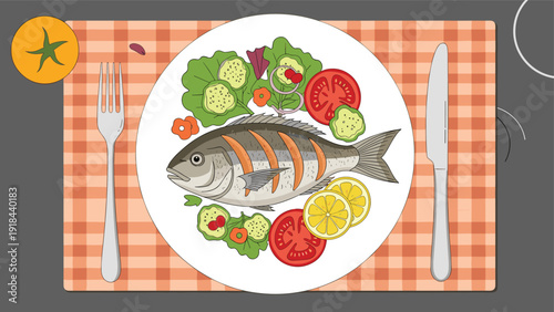 Perfectly plated grilled fish served with a fresh salad, lemon, and tomato, arranged beautifully on a checkered placemat with cutlery.