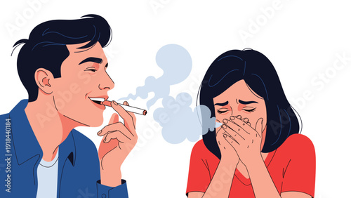 Man happily smoking a cigarette while exhaling smoke towards a coughing woman, powerfully illustrating the dangers of secondhand smoke exposure.