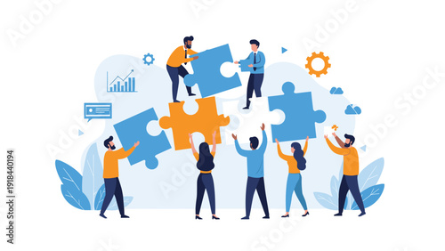 Diverse team of people collaboratively assembling large puzzle pieces, symbolizing teamwork, problem-solving, unity, and successful project completion.