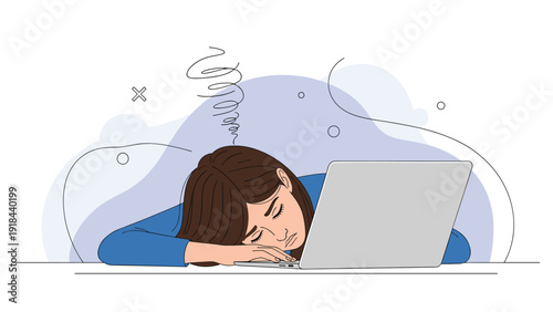 Exhausted woman sleeping on her laptop keyboard, with swirling lines above her head, symbolizing professional burnout and chronic overwork.