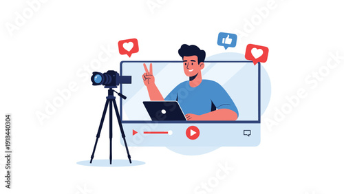 Smiling male vlogger recording a video with a camera on a tripod, making a peace sign, symbolizing social media content creation.
