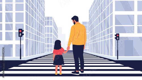Loving father and daughter holding hands, safely crossing a zebra pedestrian crossing in a bustling city environment.