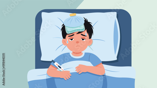 Unwell child lying in bed with a thermometer and an ice pack on his head, symbolizing fever, cold, or childhood illness.
