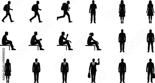 Set of diverse people silhouettes including business professionals in suits, students with backpacks, sitting and standing figures, vector illustration isolated on a white background, SEO.