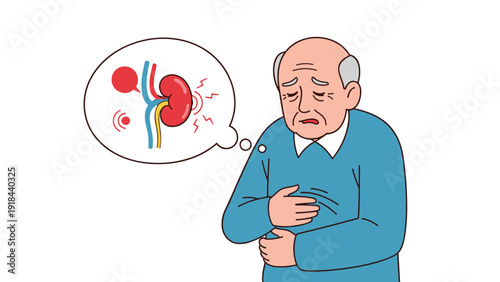 Elderly man holding his stomach in discomfort, with a thought bubble showing a painful kidney, symbolizing kidney disease or urinary issues.