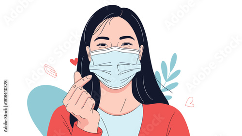 Smiling young woman wearing a medical mask and making a finger heart gesture, symbolizing COVID-19 safety with a positive attitude.
