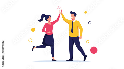 Cheerful man and woman enthusiastically giving each other a high-five, symbolizing successful collaboration, achievement, and positive teamwork.