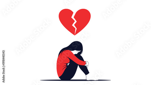 Distraught woman sitting dejectedly on the floor with a broken heart above her, symbolizing deep sadness and heartbreak.
