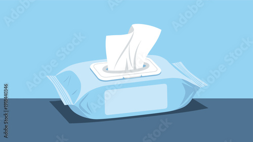 Blue packet of disposable wet wipes on a surface, symbolizing personal hygiene, cleanliness, and convenient sanitization.