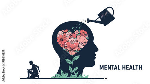 Concept of "MENTAL HEALTH" illustrated by a silhouette head with a blooming heart-shaped garden, watered to foster emotional well-being.
