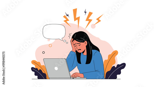 Stressed woman suffering from a headache at her laptop, surrounded by lightning bolts, symbolizing intense work-related stress and burnout.