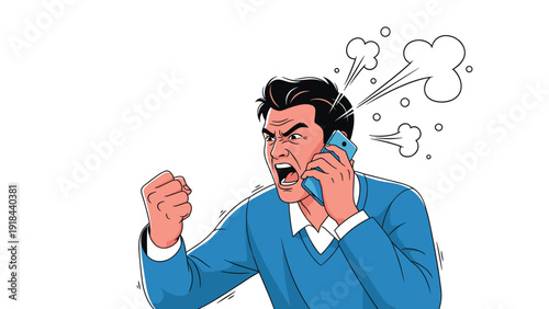 Extremely angry man shouting furiously into a phone, with smoke effects, symbolizing intense rage, a heated argument, or deep frustration.