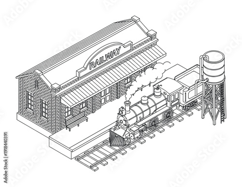 Isometric railway station with train locomotive and water tower in thin line art