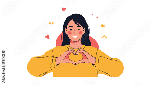 Joyful woman making a heart gesture with her hands, symbolizing love, care, positive emotion, and spreading kindness to others.