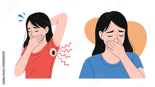 Two women covering their mouths, one showing body odor, illustrating common personal hygiene issues like bad breath and underarm odor.