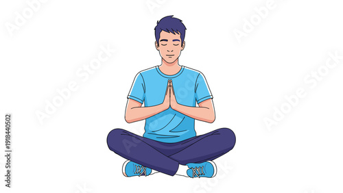 Calm man meditating peacefully in the lotus position with hands pressed together, symbolizing mindfulness, spiritual practice, and inner peace.