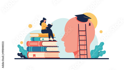 Woman sitting on a stack of books, reading, beside a giant head with a graduation cap, symbolizing education and academic achievement.