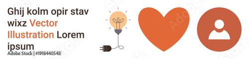 Creativity, user identity, technology, love, connections, innovation. A lightbulb, heart and user icon are displayed beside text. Creativity and user identity concepts are conveyed