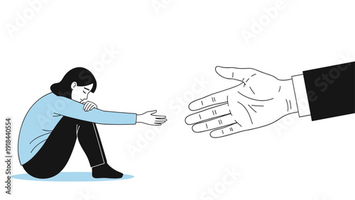 Distressed woman reaching out for help, met by a supportive helping hand, symbolizing mental health assistance and emotional support.