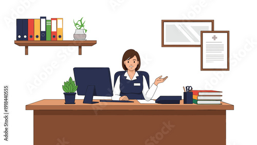 Friendly woman, likely a doctor or medical assistant, smiling at her desk with a computer and documents, ready to help patients.