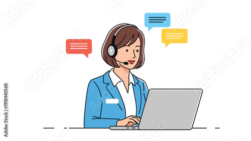 Friendly woman wearing a headset and working on a laptop, with chat bubbles, symbolizing efficient customer support and online consultation.